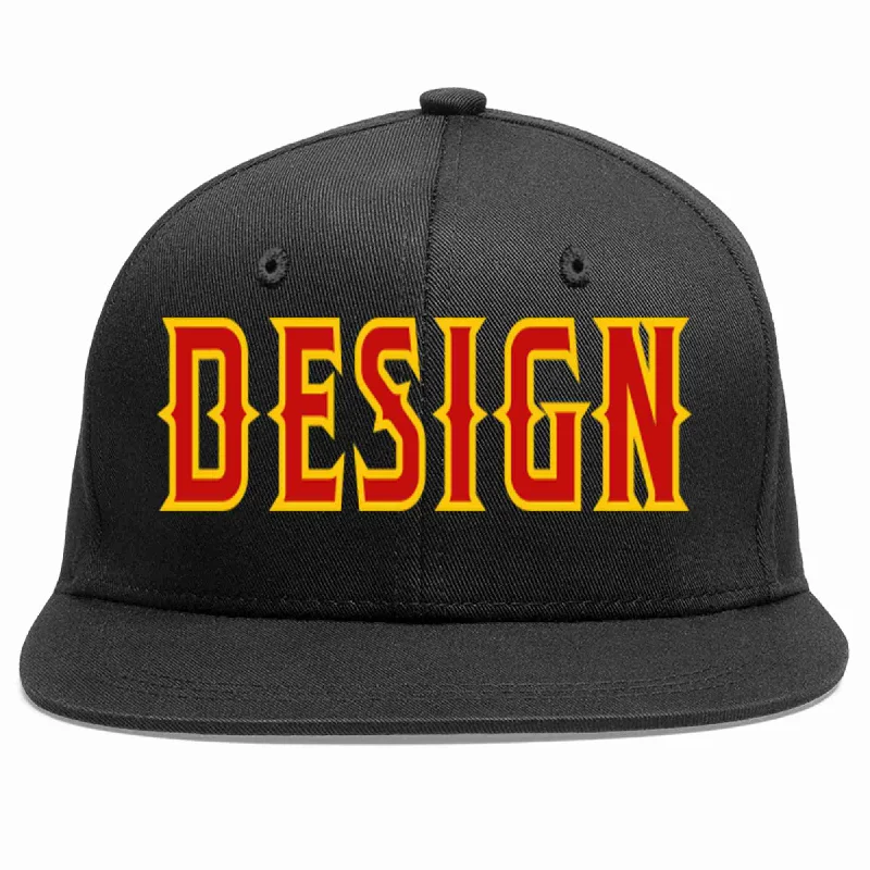 Baseball Cap With Team Sponsorship-Custom Black Red-Yellow Flat Eaves Sport Baseball Cap Design for Men/Women/Youth