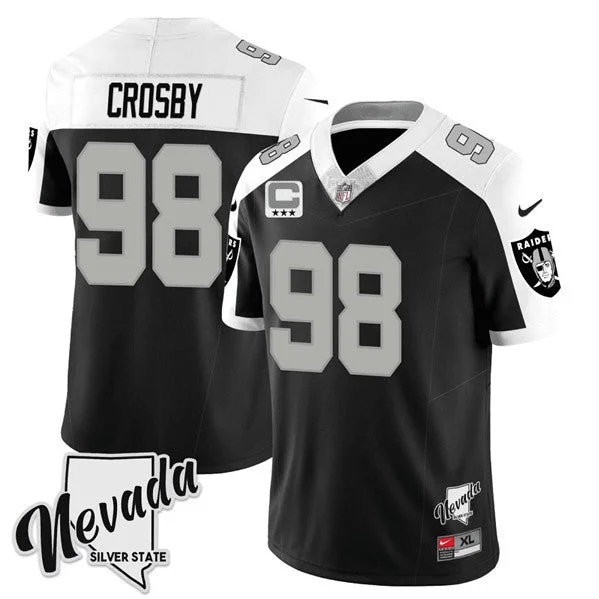 Football Jersey For Corporate Sponsorship-Men's Las Vegas Raiders #98 Maxx Crosby Black/White 2023 F.U.S.E Nevada Silver Stat With 3-Star C patch Football Stitched Jersey