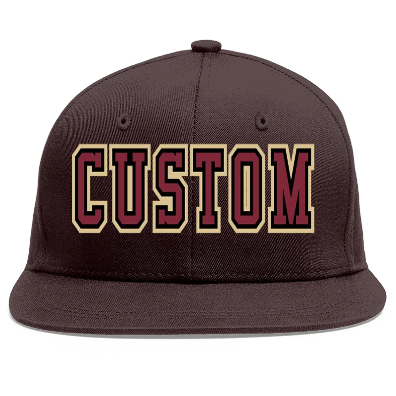 Baseball Cap For Tailgating Parties-Custom Brown Crimson-Black Flat Eaves Sport Baseball Cap