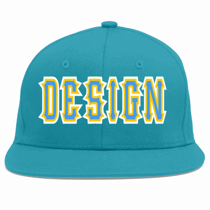 Baseball Cap For Bulk Orders-Custom Aqua Powder Blue-Gold Flat Eaves Sport Baseball Cap Design for Men/Women/Youth