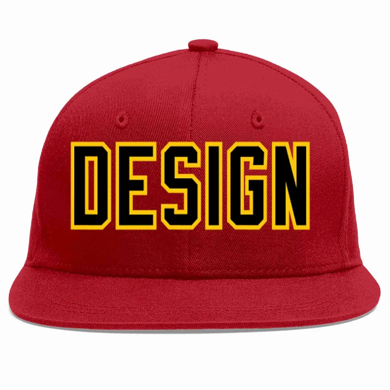 Custom Baseball Cap For Advertising-Custom Red Black-Gold Flat Eaves Sport Baseball Cap Design for Men/Women/Youth