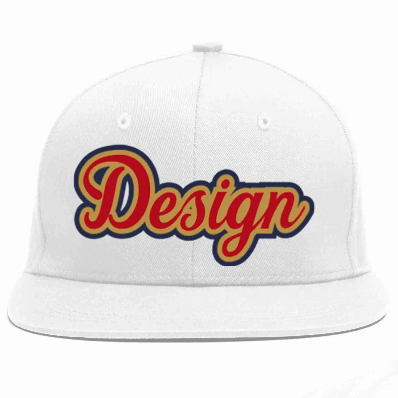 Baseball Cap For School Apparel-Custom White Red-Old Gold Flat Eaves Sport Baseball Cap Design for Men/Women/Youth