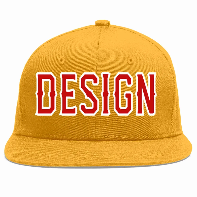 Baseball Cap For Custom Events-Custom Gold Red-White Flat Eaves Sport Baseball Cap Design for Men/Women/Youth