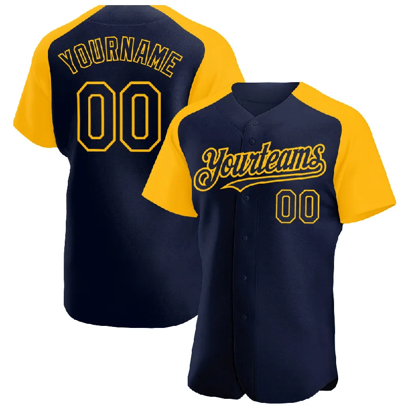 Baseball Jersey With Breathable Design-Custom Navy Gold Authentic Raglan Sleeves Baseball Jersey