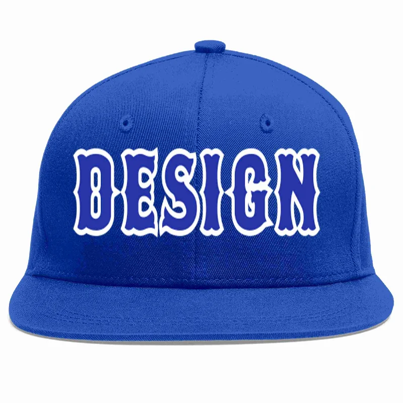 Baseball Cap With Team Sponsorship-Custom Royal Royal-White Flat Eaves Sport Baseball Cap Design for Men/Women/Youth