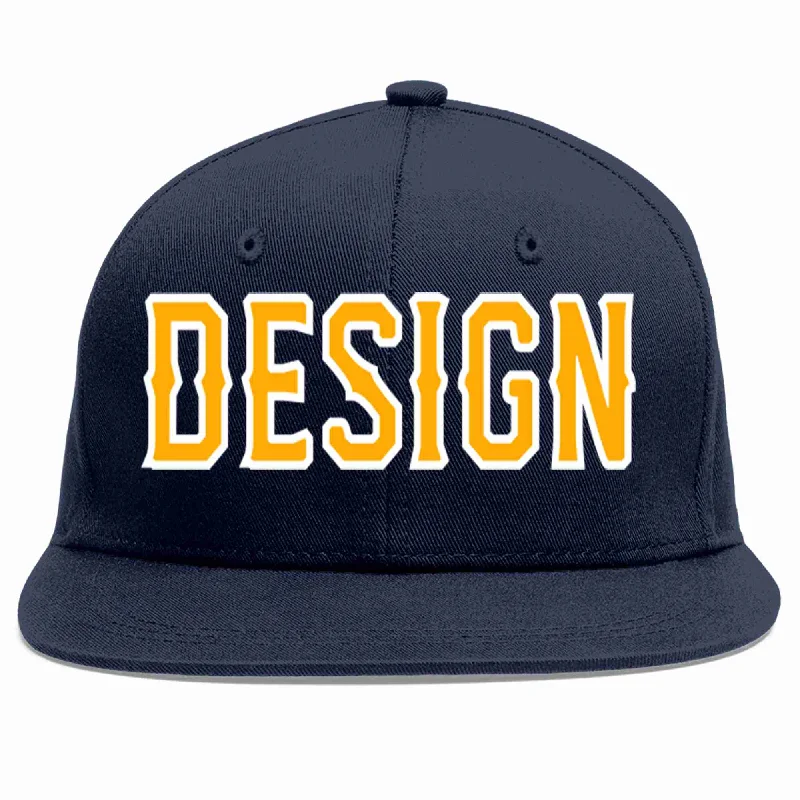 Baseball Cap With Motivational Phrases-Custom Navy Yellow-White Flat Eaves Sport Baseball Cap Design for Men/Women/Youth