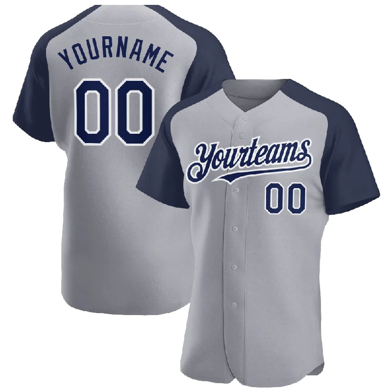 Baseball Jersey For Rugged Play-Custom Gray Navy-White Authentic Raglan Sleeves Baseball Jersey