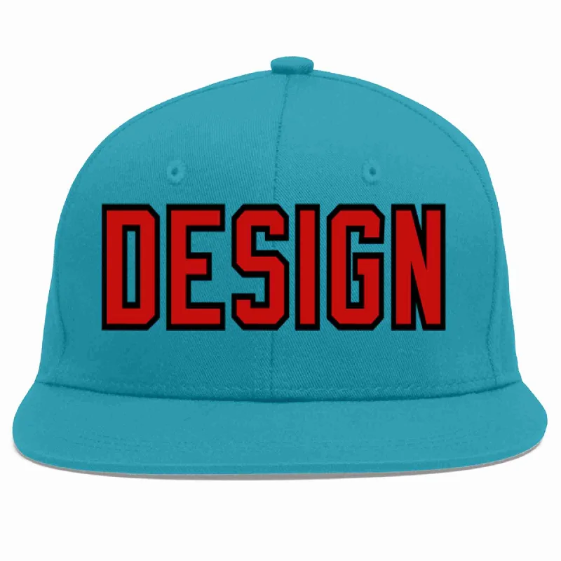 Baseball Cap With Custom Graphics-Custom Aqua Red-Black Flat Eaves Sport Baseball Cap Design for Men/Women/Youth