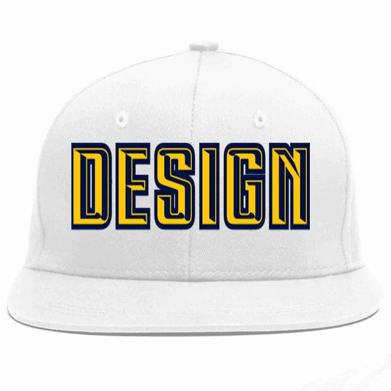 Baseball Cap For Custom Gear Orders-Custom White Gold-Navy Flat Eaves Sport Baseball Cap Design for Men/Women/Youth