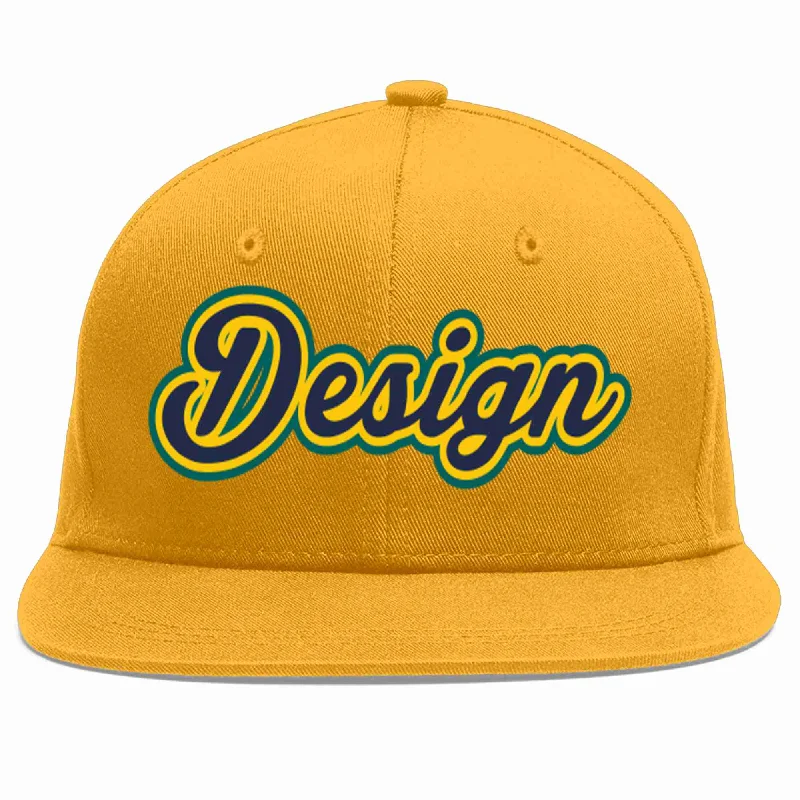 Custom Baseball Cap With Logo-Custom Gold Navy-Gold Flat Eaves Sport Baseball Cap Design for Men/Women/Youth