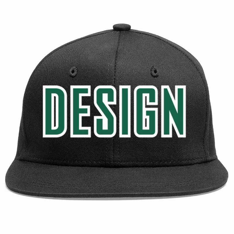 Baseball Cap For Outdoor Sports-Custom Black Kelly Green-White Flat Eaves Sport Baseball Cap Design for Men/Women/Youth