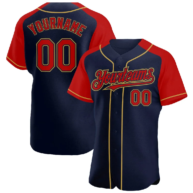 Baseball Jersey For Business Branding-Custom Navy Red-Old Gold Authentic Raglan Sleeves Baseball Jersey