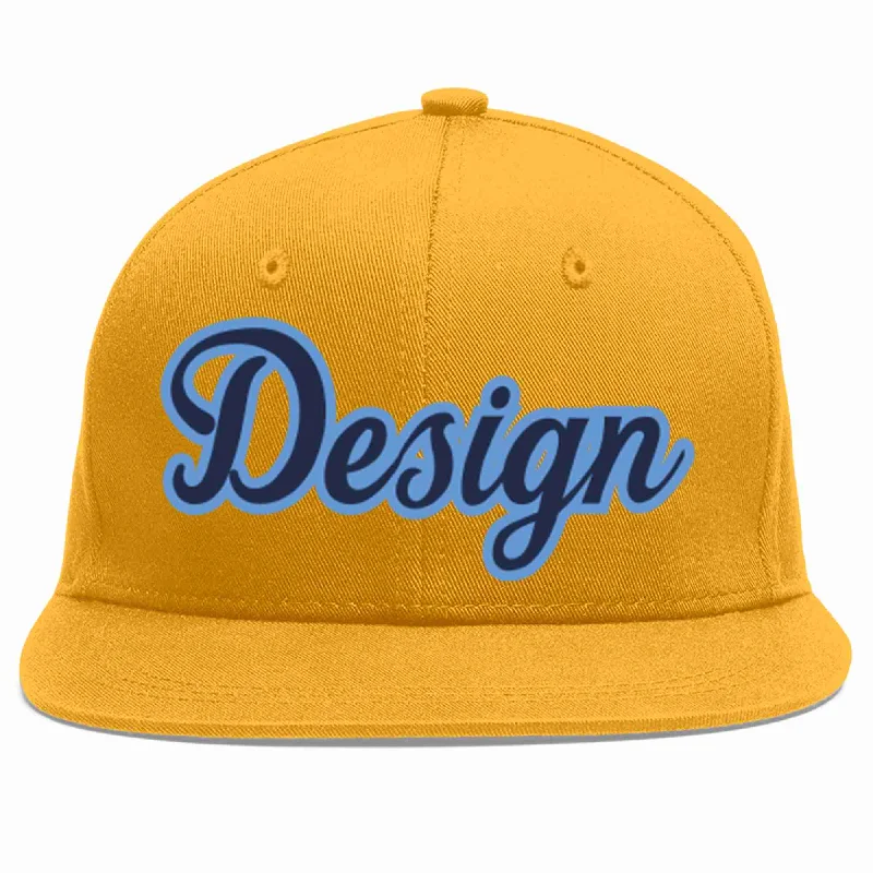 Baseball Cap For Sports Apparel Customization-Custom Gold Navy-Light Blue Flat Eaves Sport Baseball Cap Design for Men/Women/Youth