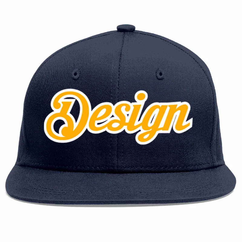 Baseball Cap For Promotional Apparel-Custom Navy Yellow-White Flat Eaves Sport Baseball Cap Design for Men/Women/Youth