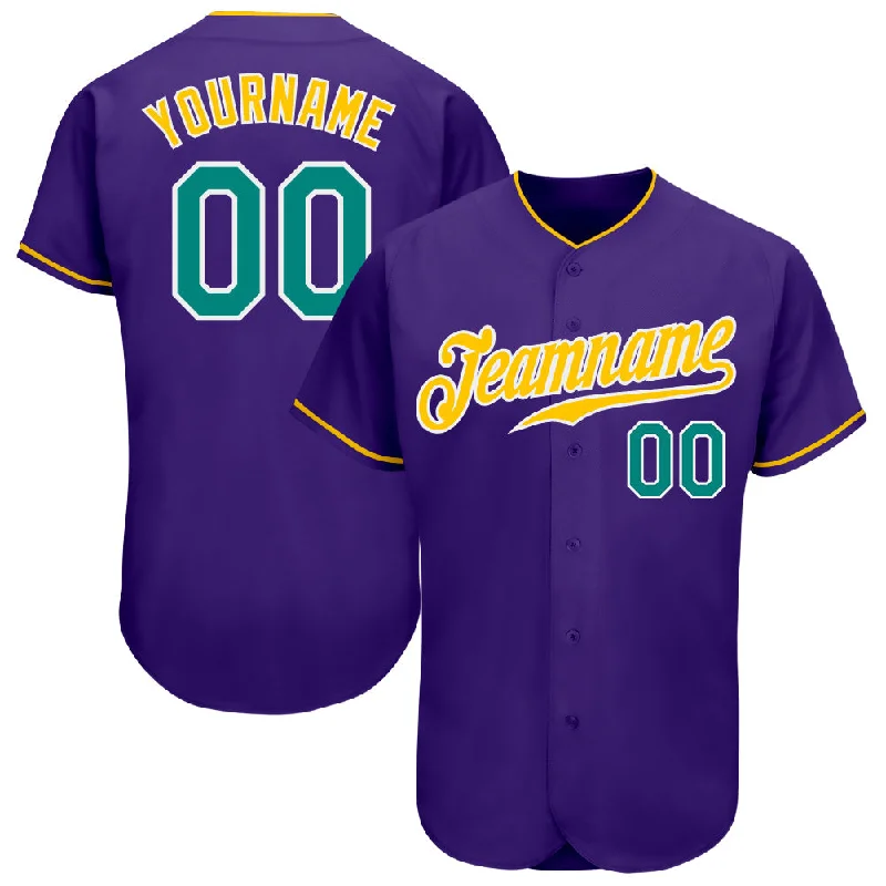 Baseball Jersey With Logo Embellishments-Custom Purple Aqua-Gold Authentic Baseball Jersey