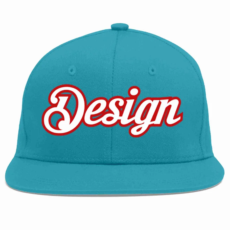 Baseball Cap For Sports Apparel Customization-Custom Aqua White-Red Flat Eaves Sport Baseball Cap Design for Men/Women/Youth