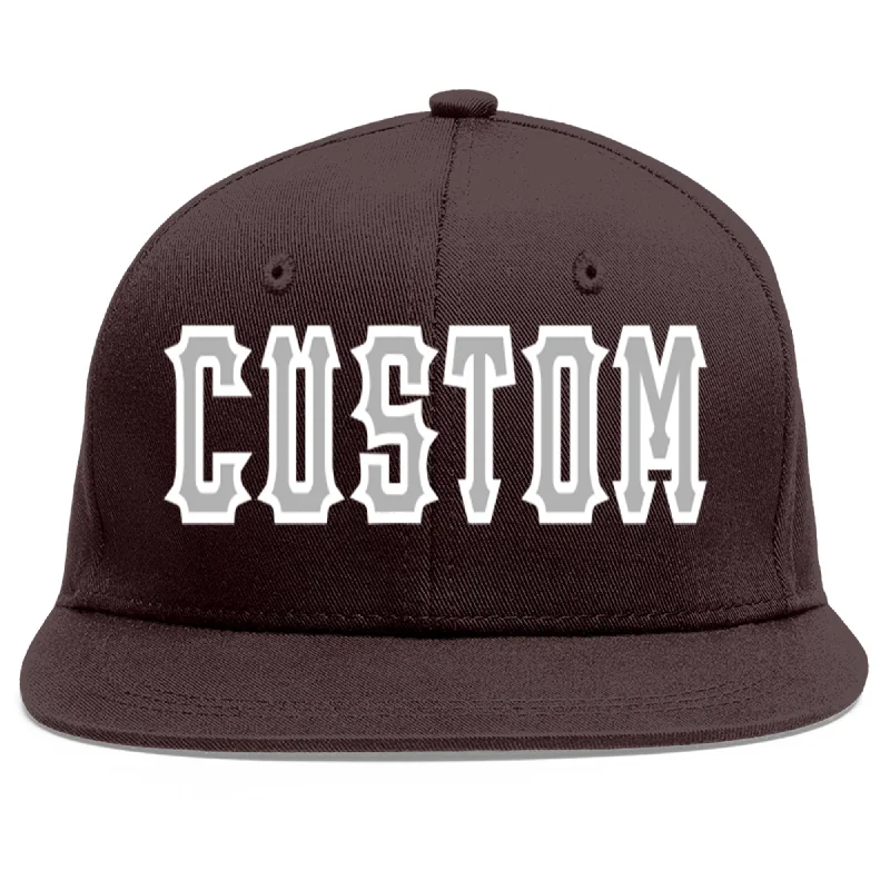 Baseball Cap For College Teams-Custom Brown Gray-White Flat Eaves Sport Baseball Cap