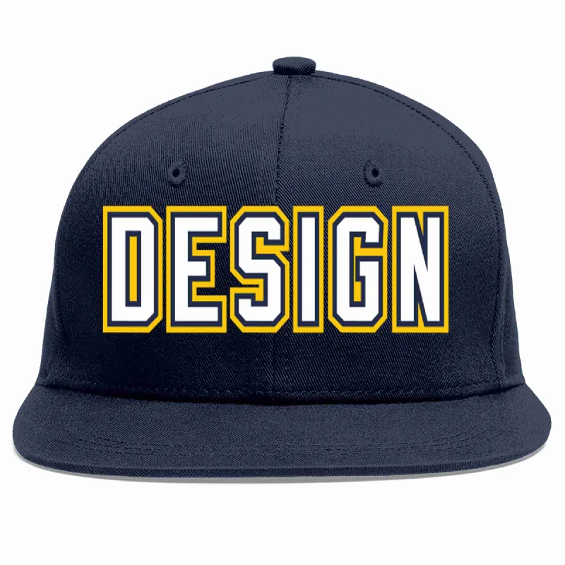 Baseball Cap For High School Teams-Custom Navy White-Navy Flat Eaves Sport Baseball Cap Design for Men/Women/Youth