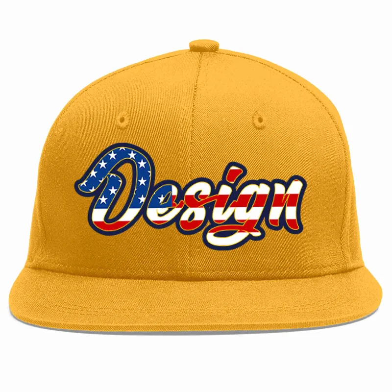 Baseball Cap For Everyday Fashion-Custom Gold Vintage USA Flag-Gold Flat Eaves Sport Baseball Cap Design for Men/Women/Youth