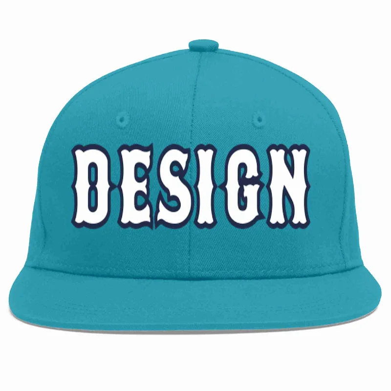 Baseball Cap For Corporate Gifts-Custom Aqua White-Navy Flat Eaves Sport Baseball Cap Design for Men/Women/Youth