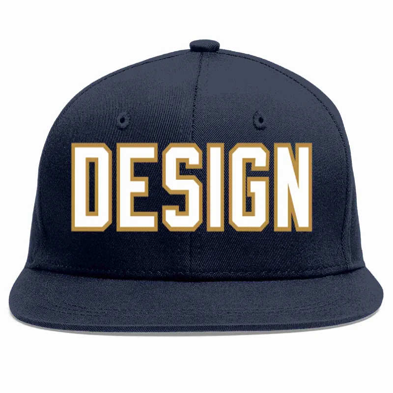 Baseball Cap For Alumni Apparel-Custom Navy White-Old Gold Flat Eaves Sport Baseball Cap Design for Men/Women/Youth