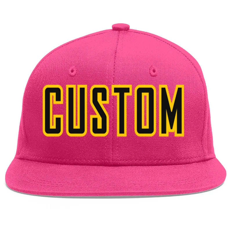 Baseball Cap With Team Colors-Custom Rose Red Black-Gold Flat Eaves Sport Baseball Cap