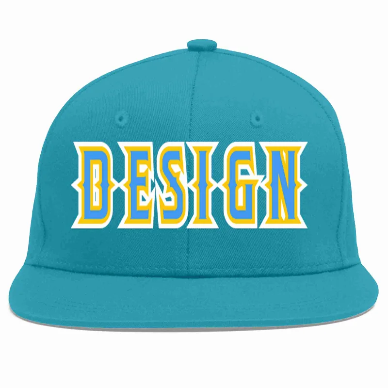 Baseball Cap For Fan Recognition-Custom Aqua Powder Blue-Gold Flat Eaves Sport Baseball Cap Design for Men/Women/Youth