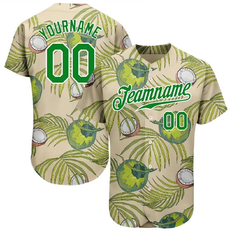 Baseball Jersey For Custom Team Uniforms-Custom Cream Grass Green-White 3D Pattern Design Coconuts And Leaves Authentic Baseball Jersey