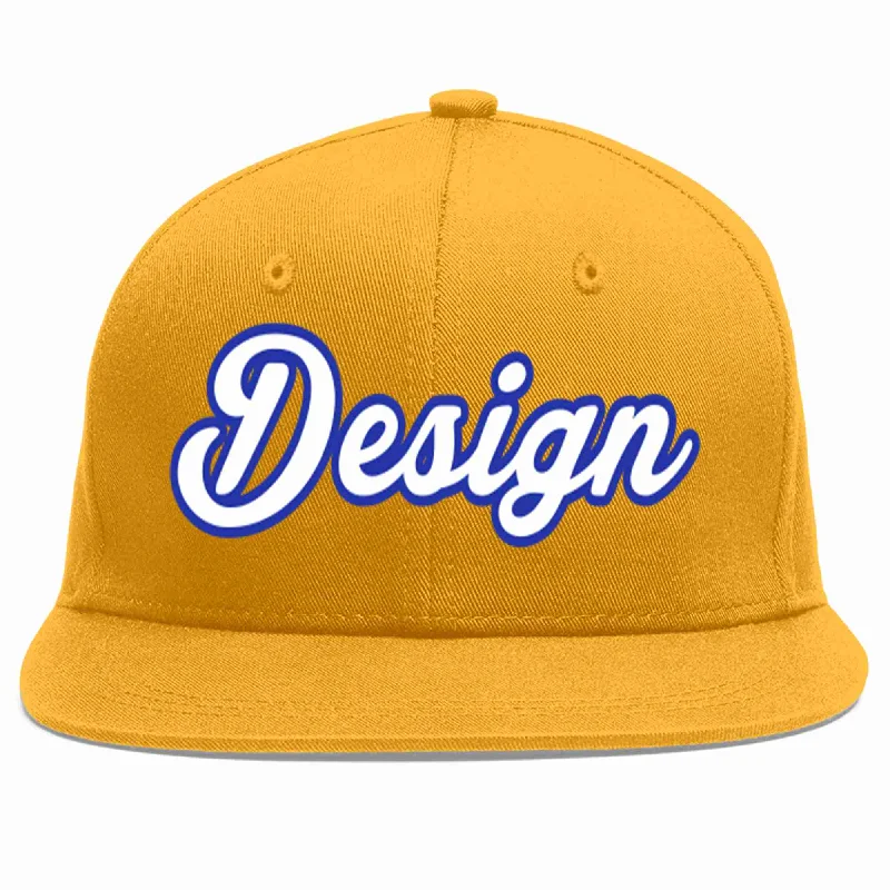 Baseball Cap With Patch-Custom Gold White-Royal Flat Eaves Sport Baseball Cap Design for Men/Women/Youth