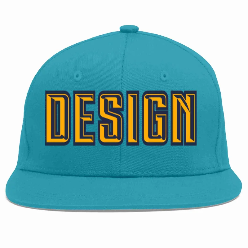 Custom Baseball Cap For Birthdays-Custom Aqua Yellow-Navy Flat Eaves Sport Baseball Cap Design for Men/Women/Youth