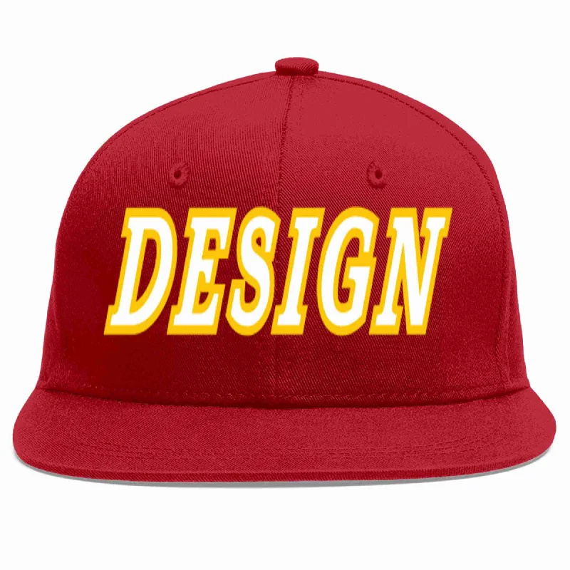 Baseball Cap For Beach Wear-Custom Red White-Gold Flat Eaves Sport Baseball Cap Design for Men/Women/Youth