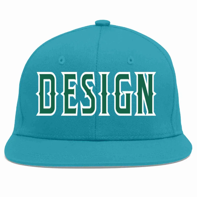 Baseball Cap For Special Edition Designs-Custom Aqua Kelly Green-White Flat Eaves Sport Baseball Cap Design for Men/Women/Youth