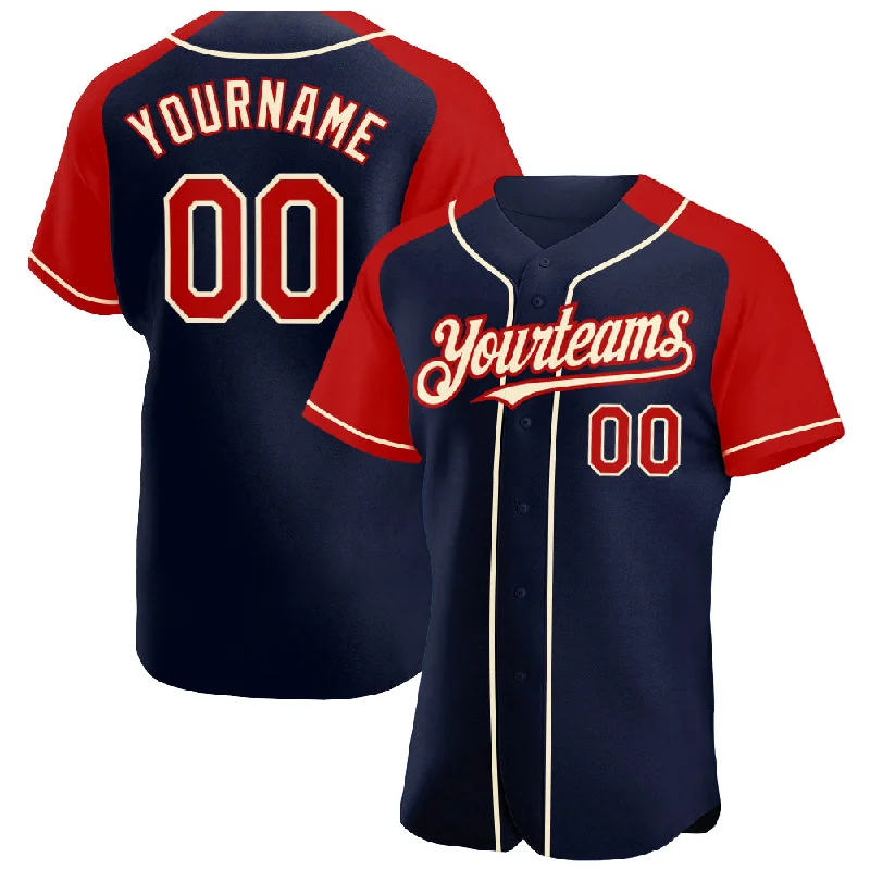 Baseball Jersey With Comfortable Fabric-Custom Navy Red-Cream Authentic Raglan Sleeves Baseball Jersey