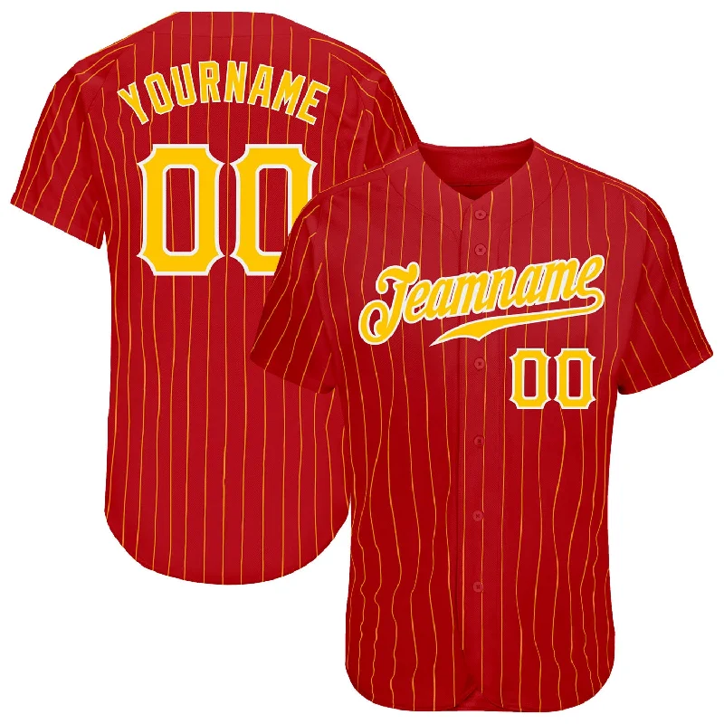 Baseball Jersey With Embroidered Graphics-Custom Red Gold Pinstripe Gold-White Authentic Baseball Jersey