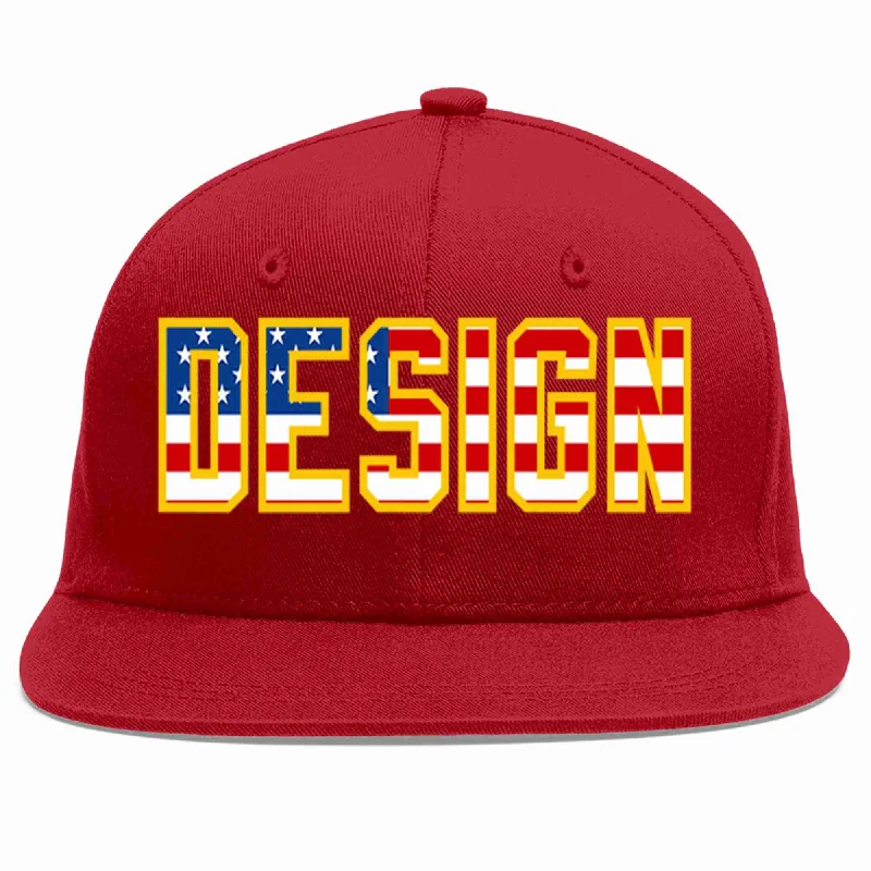 Custom Baseball Cap For Marketing-Custom Red Vintage USA Flag-Gold Flat Eaves Sport Baseball Cap Design for Men/Women/Youth