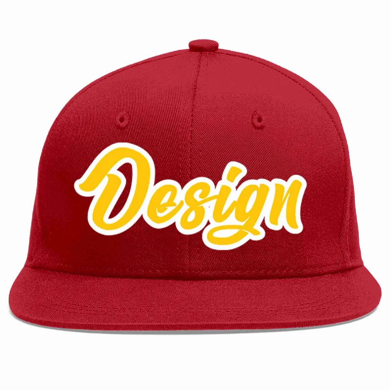 Adjustable Baseball Cap-Custom Red Gold-White Flat Eaves Sport Baseball Cap Design for Men/Women/Youth