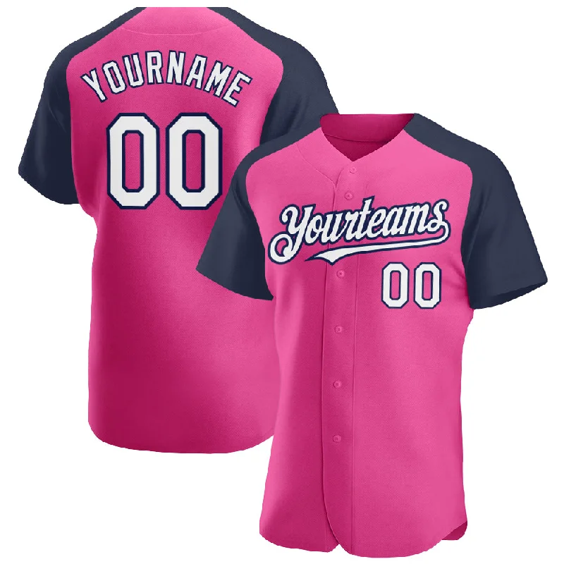 Baseball Jersey For Limited Edition Style-Custom Pink White-Navy Authentic Raglan Sleeves Baseball Jersey