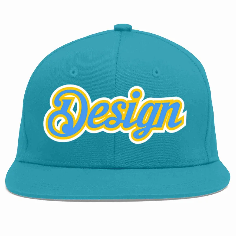 Baseball Cap For Limited Edition Apparel-Custom Aqua Powder Blue-Gold Flat Eaves Sport Baseball Cap Design for Men/Women/Youth