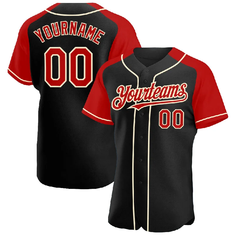 Baseball Jersey With Custom Numbers-Custom Black Red-Cream Authentic Raglan Sleeves Baseball Jersey