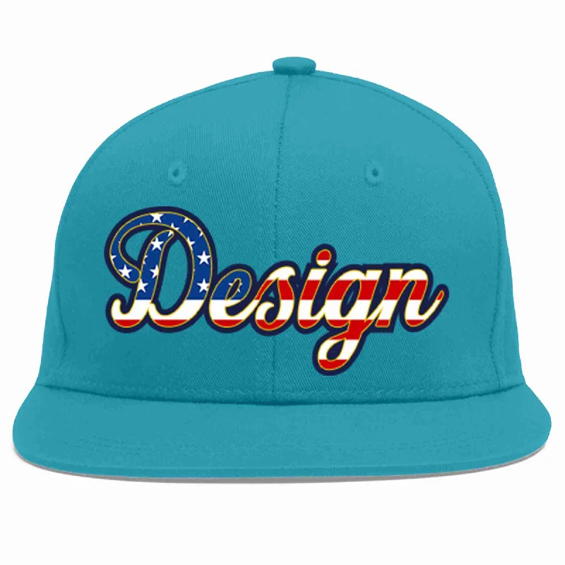 Baseball Cap For Collectors-Custom Aqua Vintage USA Flag-Gold Flat Eaves Sport Baseball Cap Design for Men/Women/Youth