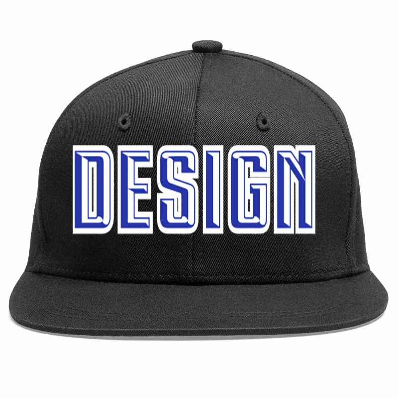 Baseball Cap With Flat Brim-Custom Black Royal-White Flat Eaves Sport Baseball Cap Design for Men/Women/Youth