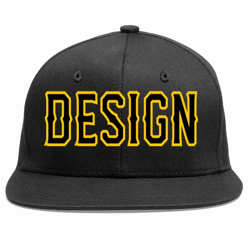 Baseball Cap For School Teams-Custom Black Black-Gold Flat Eaves Sport Baseball Cap Design for Men/Women/Youth