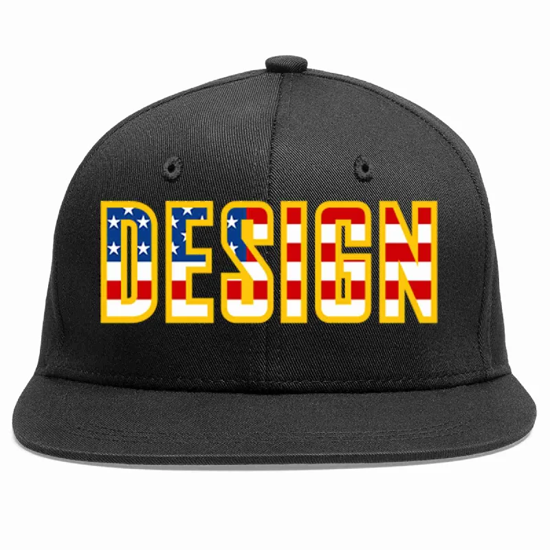 Baseball Cap For Promotional Campaigns-Custom Black Vintage?USA?Flag-Gold Flat Eaves Sport Baseball Cap Design for Men/Women/Youth