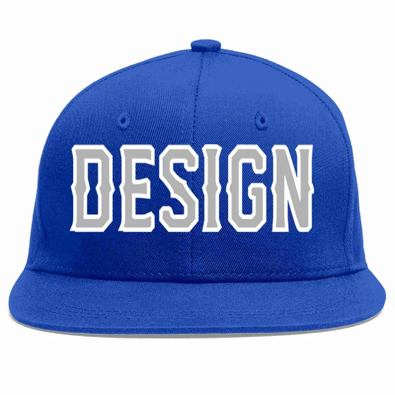 Baseball Cap For Tailgating Parties-Custom Royal Gray-White Flat Eaves Sport Baseball Cap Design for Men/Women/Youth