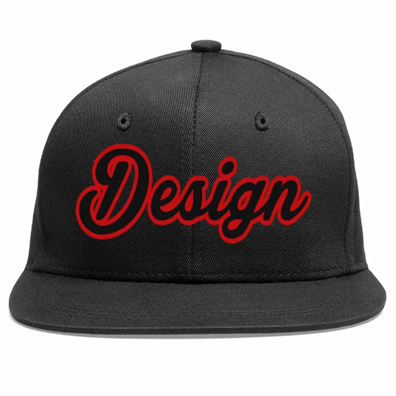 Baseball Cap For Casual Outfits-Custom Black Black-Red Flat Eaves Sport Baseball Cap Design for Men/Women/Youth