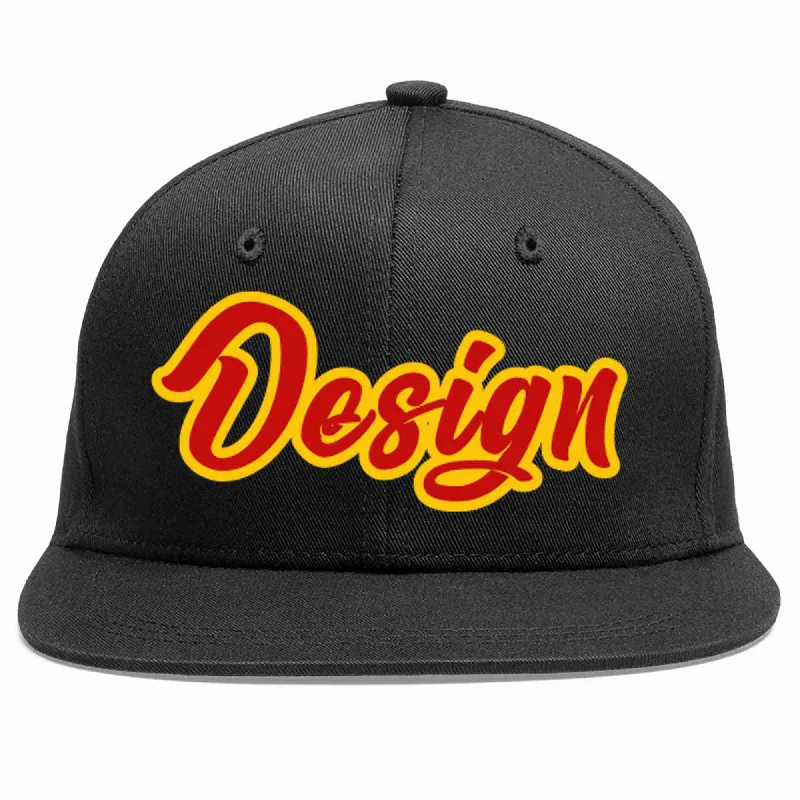 Baseball Cap For Sportswear-Custom Black Red-Yellow Flat Eaves Sport Baseball Cap Design for Men/Women/Youth