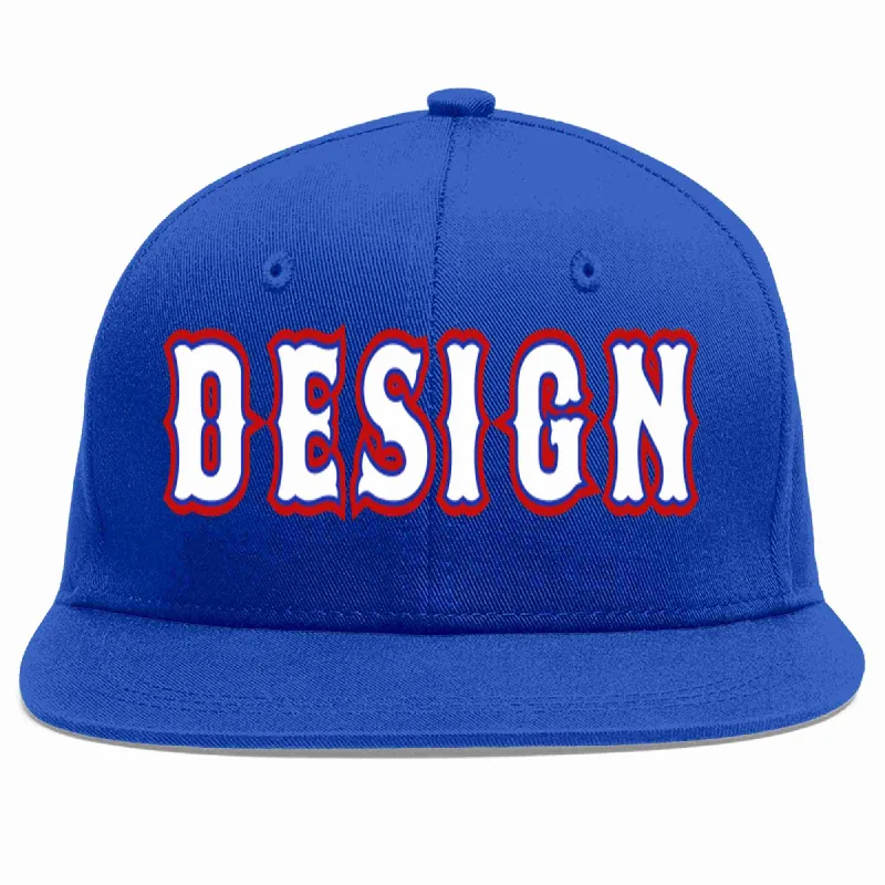 Baseball Cap With Personalized Designs-Custom Royal White-Royal Flat Eaves Sport Baseball Cap Design for Men/Women/Youth