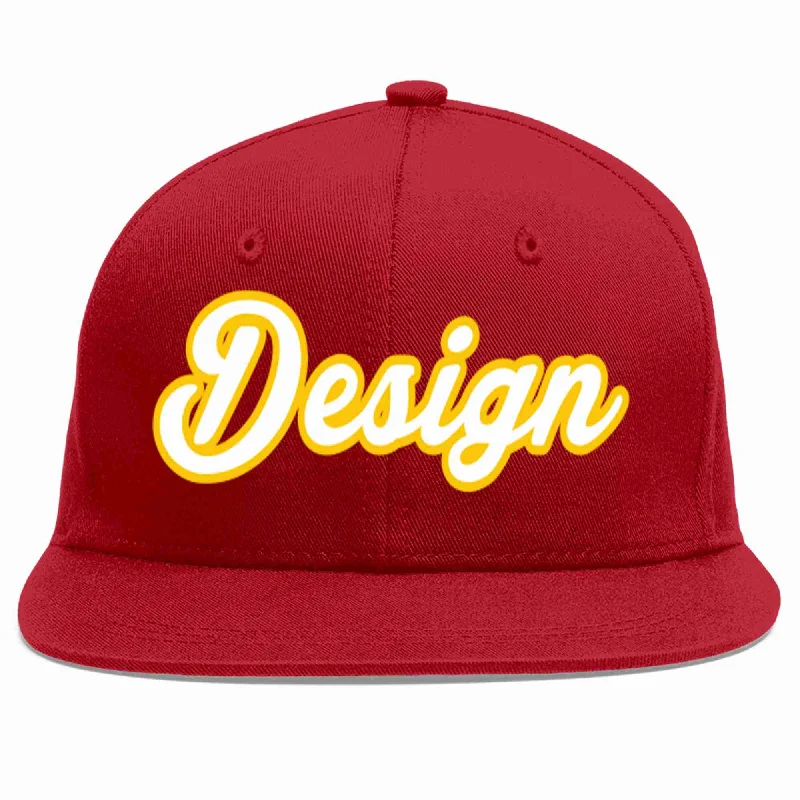 Baseball Cap With Team Logo-Custom Red White-Gold Flat Eaves Sport Baseball Cap Design for Men/Women/Youth