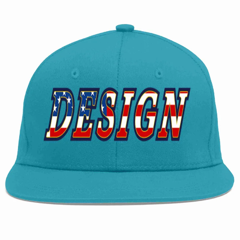 Baseball Cap For Special Events-Custom Aqua Vintage USA Flag-Gold Flat Eaves Sport Baseball Cap Design for Men/Women/Youth