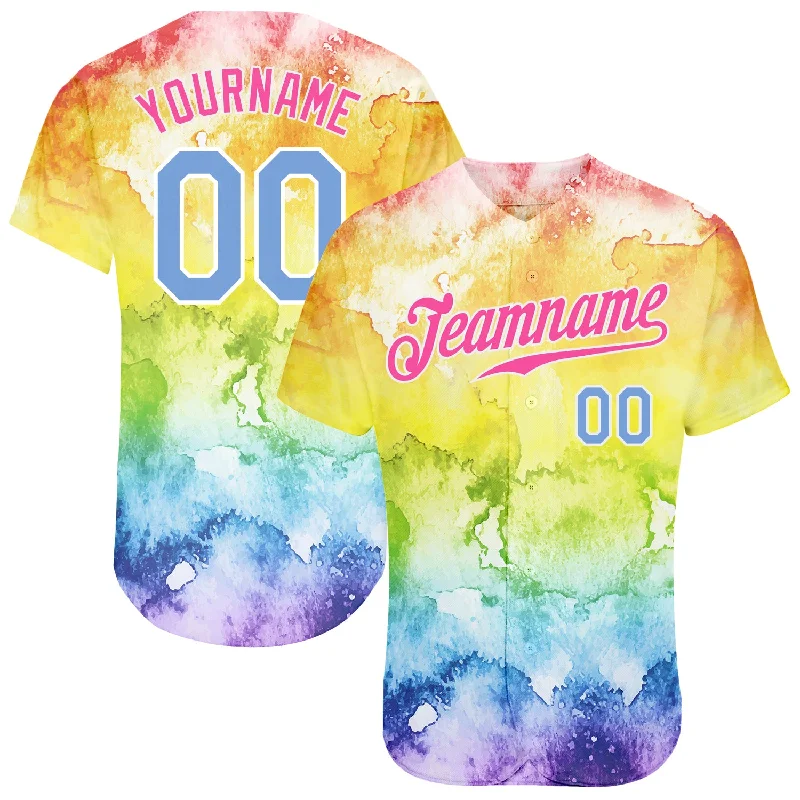 Baseball Jersey For Sports Teams-Custom Tie Dye Light Blue-Pink 3D Rainbow Authentic Baseball Jersey